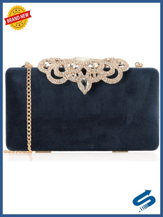 Handbags - Crystal Crown Clasp Faux Suede Evening Clutch With Removable Chain